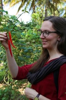 Kristina beundrar en ekologisk chili från en kollektiv odling